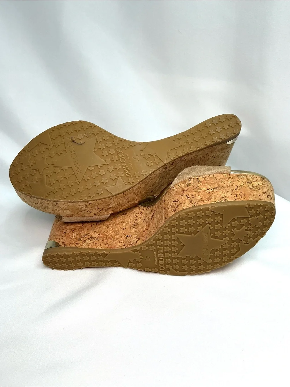 Jimmy Choo | Portia 120 Nude Suede Cork Platform Wedge Sandals EU 40